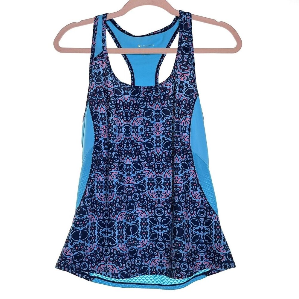 Fabletics Mixed Fabric Blue Racer Back Tank Top Sz 8 Geometric Sportwear